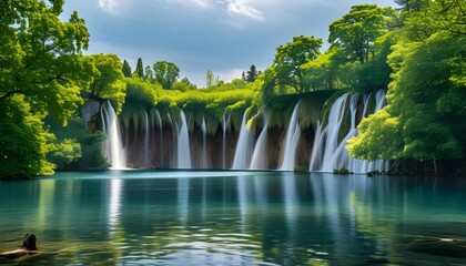 Wall Mural - Tranquil waterfall cascading into a serene lake, embraced by lush green trees, creating a peaceful and clear natural oasis