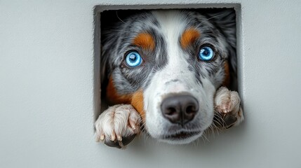 Wall Mural - A dog with striking blue eyes peering through a small opening.