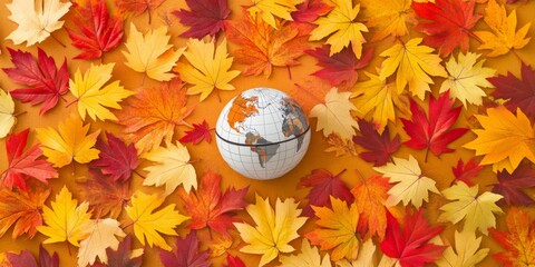 Canvas Print - Minimalist Globe Surrounded by Autumn Leaves in Bright Seasonal Colors