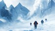 © phattharabodin - A group of climbers hiking through a snowy pass, with towering ice-covered peaks in the background and their breath visible in the cold air.