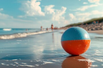 Wall Mural - Beach Ball On Sandy Shore With Blue Ocean In Background