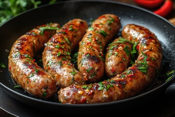 Sticker - Delicious sausages frying in pan with garnish