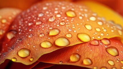 Close-up of dew drops on a delicate orange flower petal.