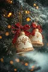 Wall Mural - two christmas bells hanging on snowy pine tree branch with lights