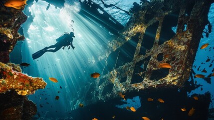 A scuba diver swimming through a shipwreck, with beams of sunlight filtering through the water and schools of fish darting around the rusted metal.