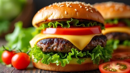 A juicy cheeseburger topped with fresh lettuce and tomato, served on a golden bun. The vibrant colors and mouthwatering ingredients make it a classic choice for any fast food or dining design.