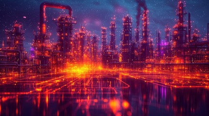 Poster - Futuristic Nighttime Industrial Cityscape with Neon Lights and Circuitry