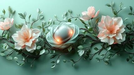 Wall Mural - Abstract Floral Design with White Sphere and Green Leaves on Mint Background