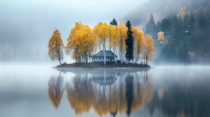 Canvas Print - Beautiful yellow birch trees on an island in the middle of a lake, their reflection visible on the water's surface on a foggy day with mist over the water and a house in the distance