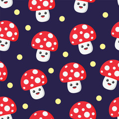 Wall Mural - Seamless pattern of cartoon red mushrooms with dark blue background and yellow dots