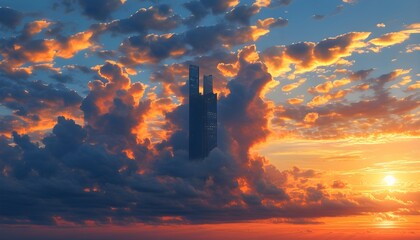 Wall Mural - Serene sunset sky with clouds illuminating a prominent building, casting a warm and peaceful ambiance