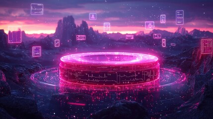 Wall Mural - futuristic technology platform with neon lights and data visualizations