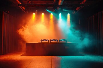 Sticker - Two DJ Mixers on a Stage with Orange and Blue Lighting and Smoke