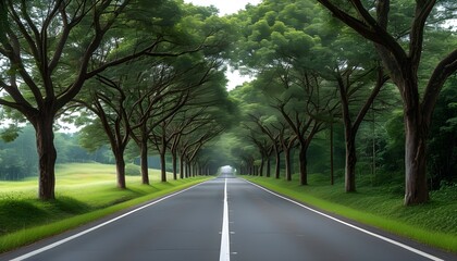 Scenic tree-lined road with a central white line inviting exploration