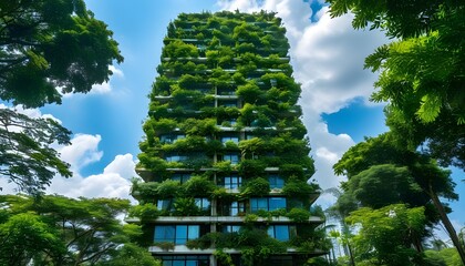 Urban oasis with greenery climbing a modern building, surrounded by trees under a blue sky filled with clouds