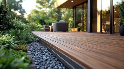 Wooden Deck Patio With Garden Landscaping And Modern House