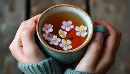 Wall Mural - Tea infuser adorned with flowers held gently in a hand