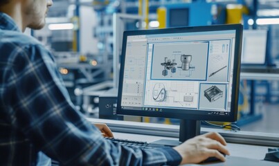 engineer working on 3d cad software in an industrial setting. designing mechanical parts on a comput