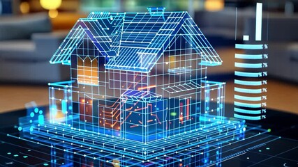 Poster - A detailed 3D rendering of a house is shown on a table in a contemporary office setting. The model features a transparent design with blue lines highlighting its structure and layout.