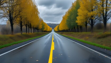 Serene empty road lined with trees under a cloudy sky