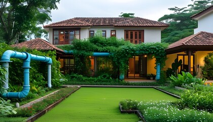 Wall Mural - Charming house with a spacious green garden framed by an intricate blue and white pipe system