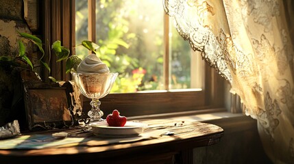 A glass of ice cream and a strawberry on a rustic wooden table by a window with a lace curtain.