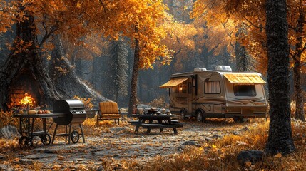 Poster - RV Camping in Autumn Forest with Fire Pit and Grill