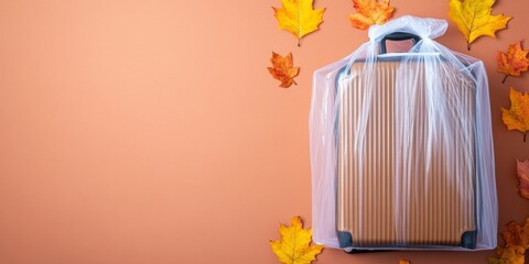 Canvas Print - Minimalist Travel Concept with Wrapped Suitcase and Autumn Leaves on Solid Background