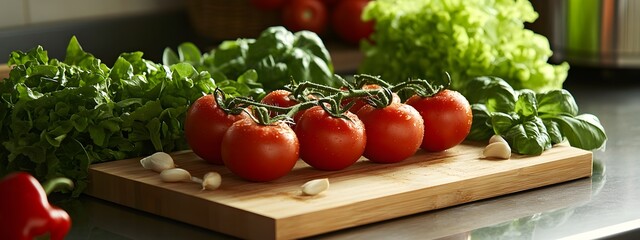 Rustic kitchen counter with fresh vegetables and herbs, a green organic food concept.