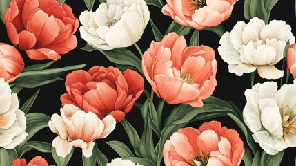 Seamless floral pattern featuring tulips and peonies suitable for packaging textiles wallpaper prints gift wrapping scrapbooking decoupage or as a background for greetings and weddings