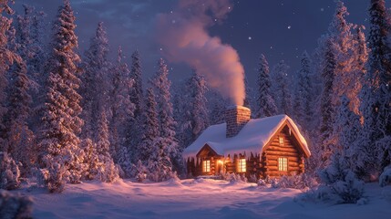 Sticker - Cozy Log Cabin in Snowy Forest at Night