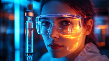 A young woman scientist wearing safety goggles looks intently at the camera in a laboratory setting.