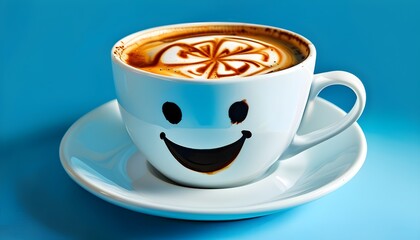 Wall Mural - joyful coffee cup with smiley face design on vibrant blue background for positive vibes