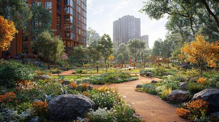 Wall Mural - Modern City Park with Flower Beds and Winding Path