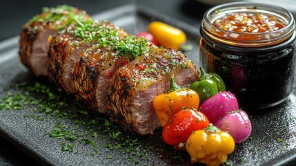 Wall Mural - Grilled Pork Tenderloin with Glazed Peppers and Sauce