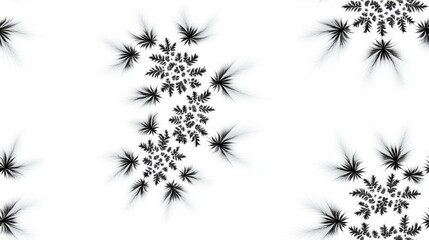 Seamless abstract black texture with fractal patterns on a white background featuring two small floral fractal designs arranged in a staggered layout