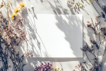 Wall Mural - minimalist mockup of empty blank white paper card with dried flowers on white background 