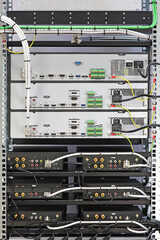 A high-quality audio amplifier for home use, installed in a telecommunications rack.