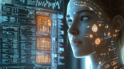 Poster - Woman with futuristic digital interface on face