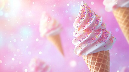 Close up of a single ice cream cone with sprinkles against a pink, glittery background.