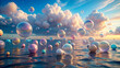 © Albaloshi - Dreamlike image of iridescent bubbles floating in a vast, open ocean, inspiring imagination.Peaceful seascape with colorful, reflective bubbles, creating a sense of calm and tranquility.
