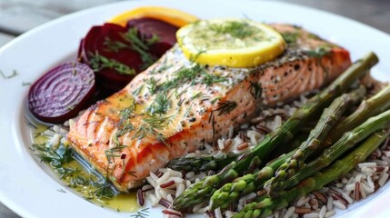 Wall Mural - Flaky baked salmon with roasted asparagus, lemon dill sauce, wild rice, roasted beets, and a side of roasted zucchini