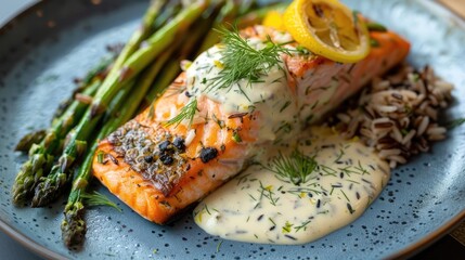 Wall Mural - Flaky baked salmon with roasted asparagus, lemon dill sauce, and a side of wild rice