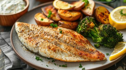 Wall Mural - Flaky baked tilapia with roasted broccoli, lemon wedges, roasted potatoes, and a side of tartar sauce