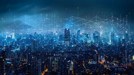 A Stunning Night View of a Modern City with a Network of Blue Lines and Points Connecting Buildings, Illustrating the Concept of Connectivity and Technology in Urban Environments