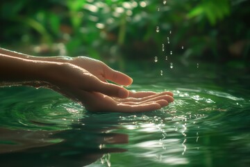 A serene image of hands gently holding a pool of crystal-clear water