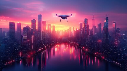 Wall Mural - Drone Flying Over Cityscape at Sunset