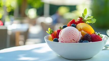 Close-up of a bowl of ice cream with fresh fruit on a white tablecloth.