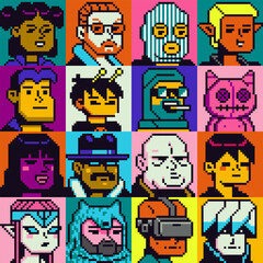 Wall Mural - People man and woman character set pixel art flat style, girl, guy, avatar, social net portrait, profile picture. Design of 80s. Game assets. 8-bit. Isolated vector illustration background.