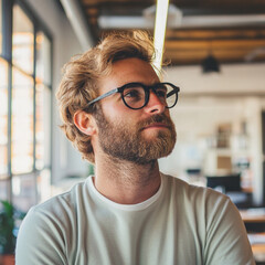 Wall Mural - office worker in green t-shirt in office